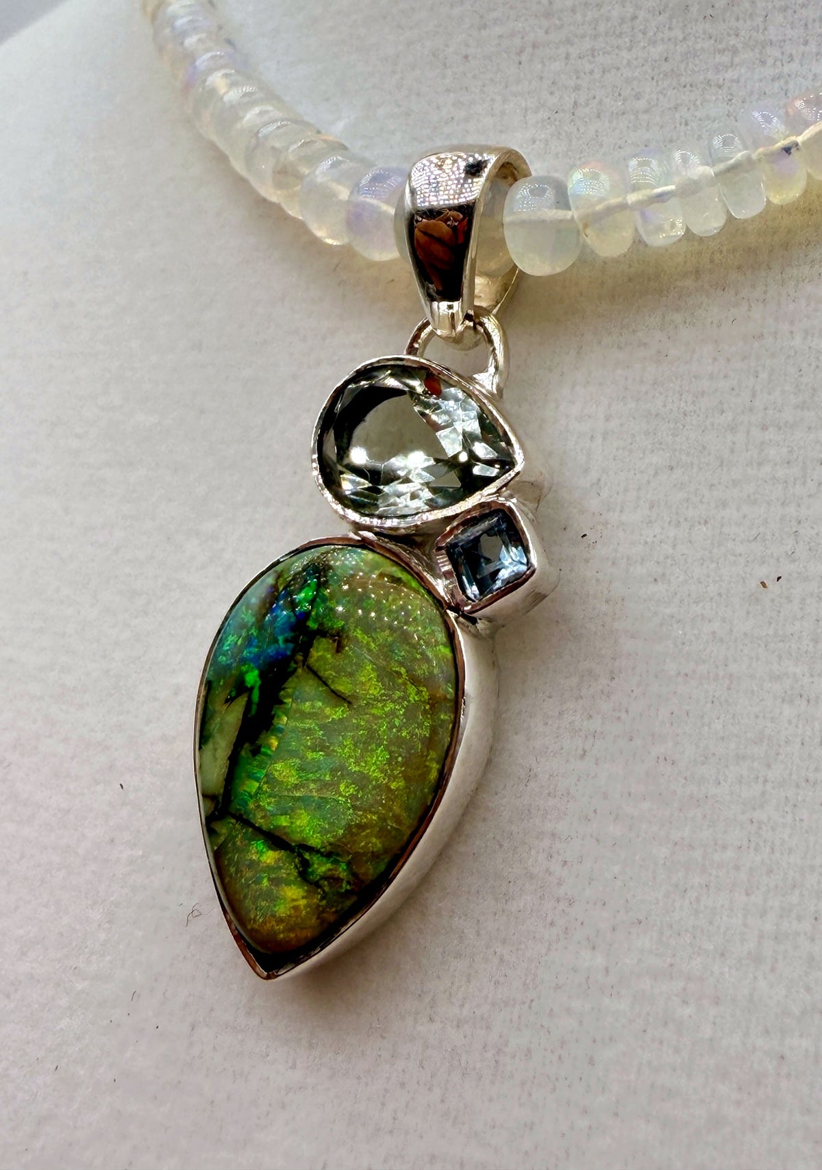 Monarch Opal, Prasiolite & Blue Topaz Sterling Silver Pendant – 26ct