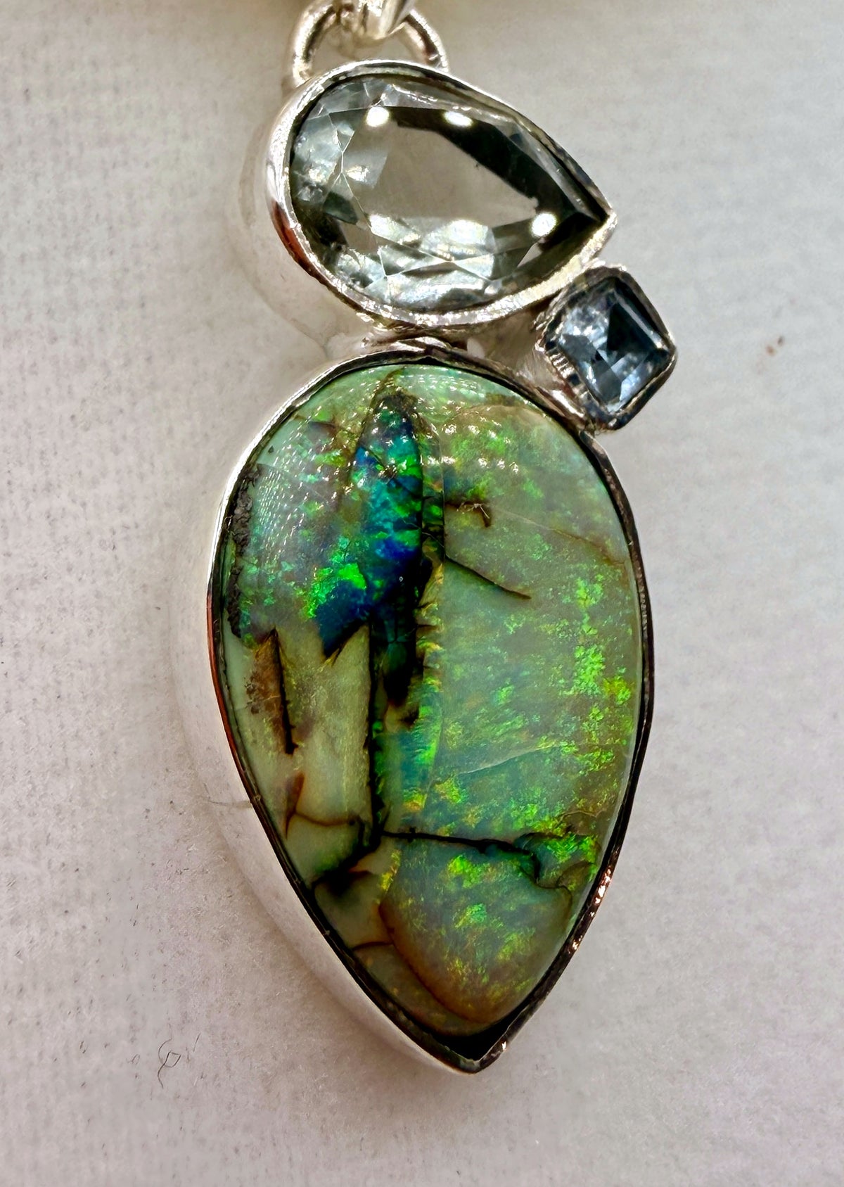 Monarch Opal, Prasiolite & Blue Topaz Sterling Silver Pendant – 26ct