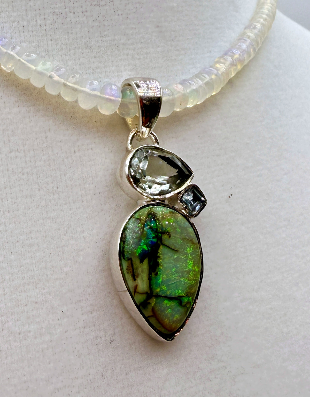 Monarch Opal, Prasiolite & Blue Topaz Sterling Silver Pendant – 26ct