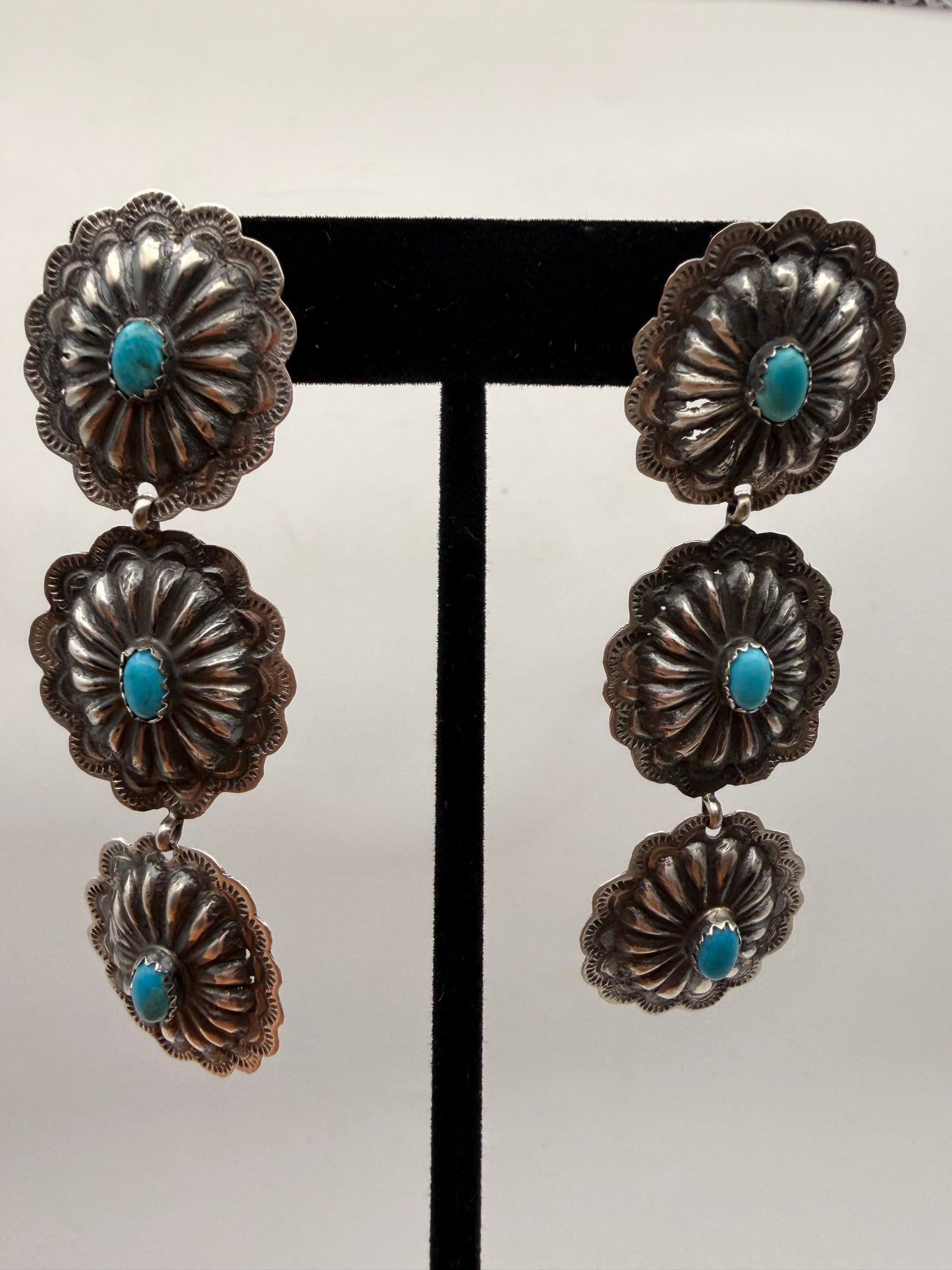 Vintage Navajo Sterling Silver Triple Concho Turquoise Dangle Earrings | 3"