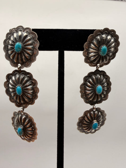 Vintage Navajo Sterling Silver Triple Concho Turquoise Dangle Earrings | 3"