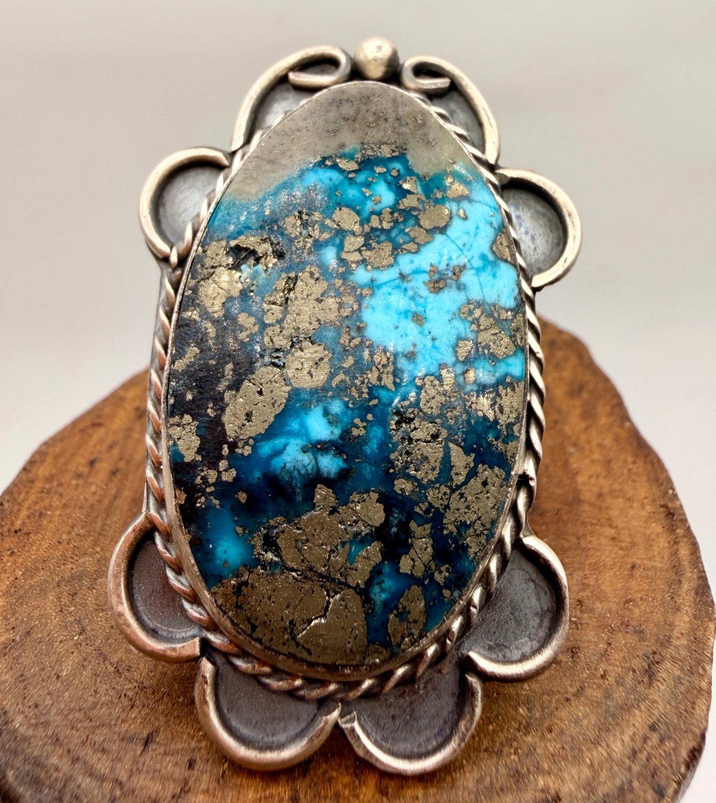 Gilbert Nez Sterling Silver Turquoise & Pyrite Statement Ring