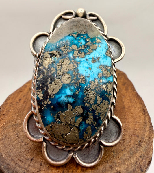 Gilbert Nez Sterling Silver Turquoise & Pyrite Statement Ring