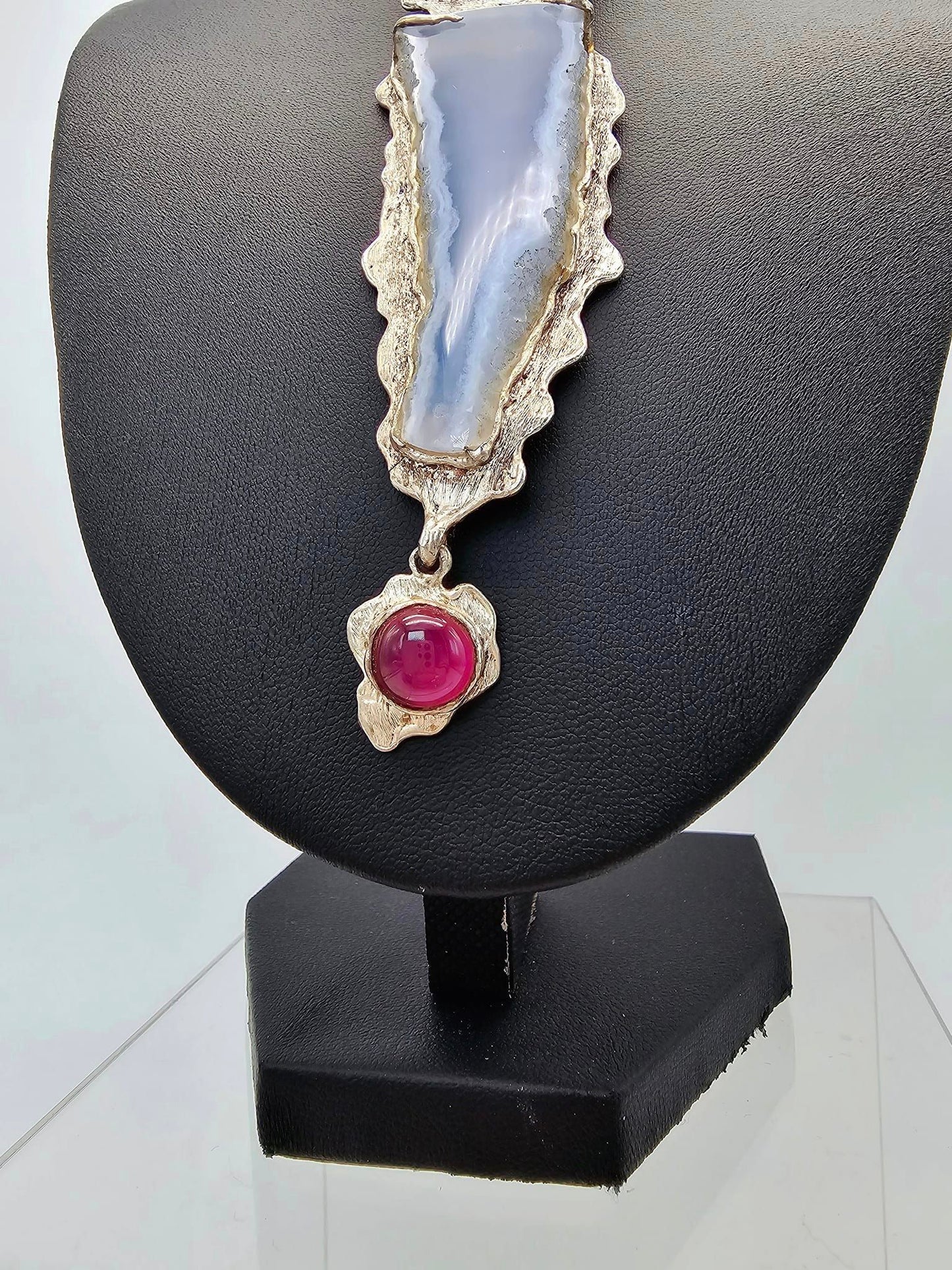 Blue Chalcedony, Ruby, Scenic Quartz Neck Art