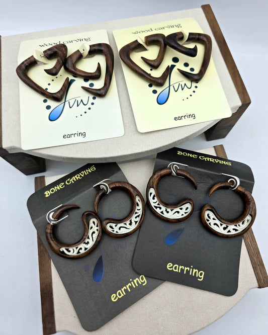 Hog Oak Ox Wood & Bone Carved Earrings