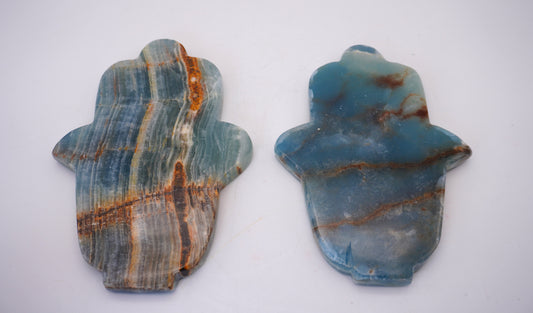 Lemurian Blue Onyx Calcite Hamsa Sigils