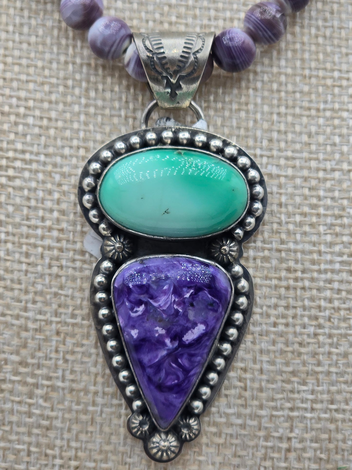 Green Variscite Turquoise & Purple Charoite Pendant