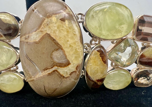 Septarian, Prasiolite, Smokey quartz and Prehnite Sterling silver bracelet