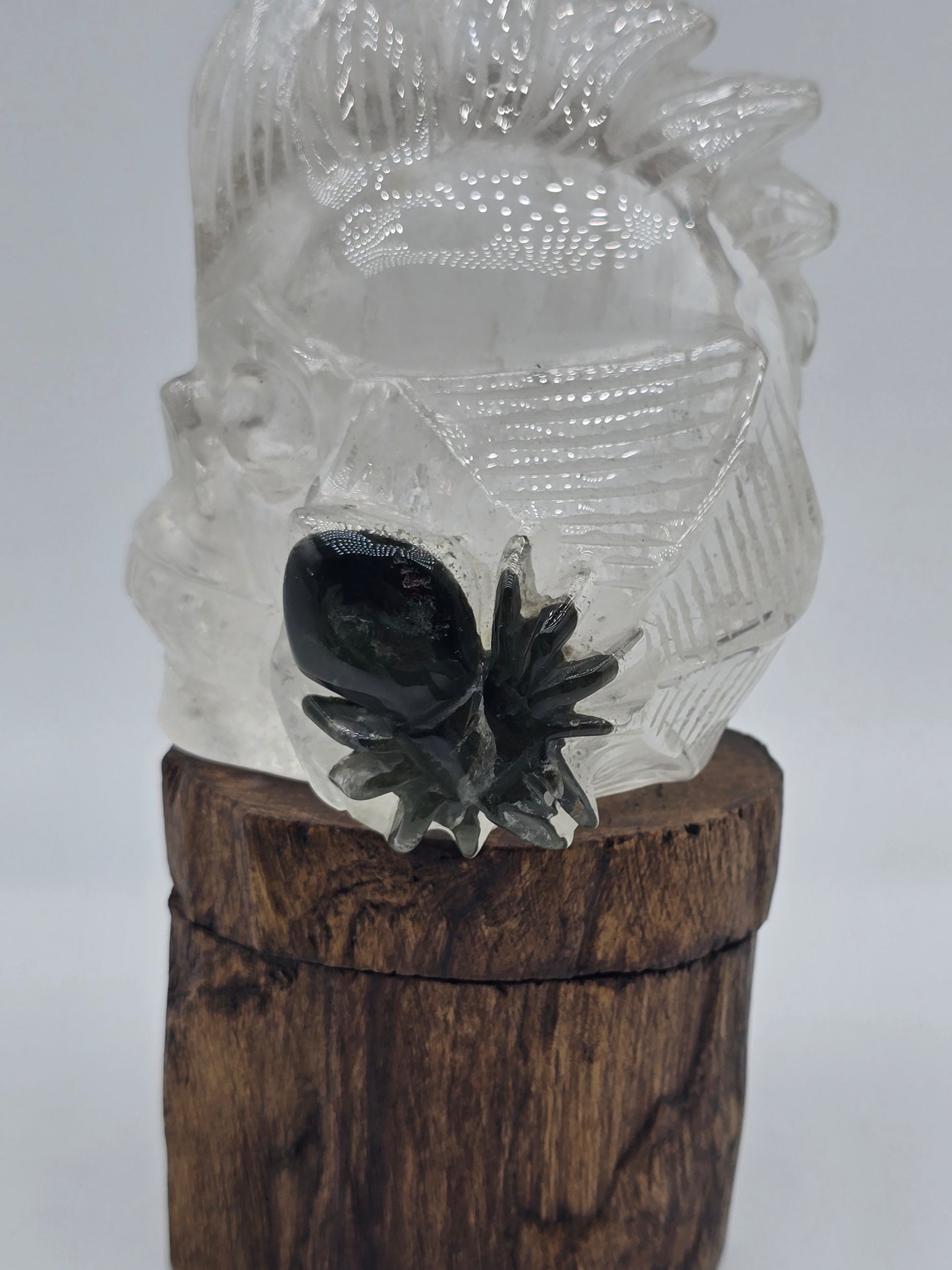 Green Chlorite in Clear Quartz Mohawk skull with Spider art