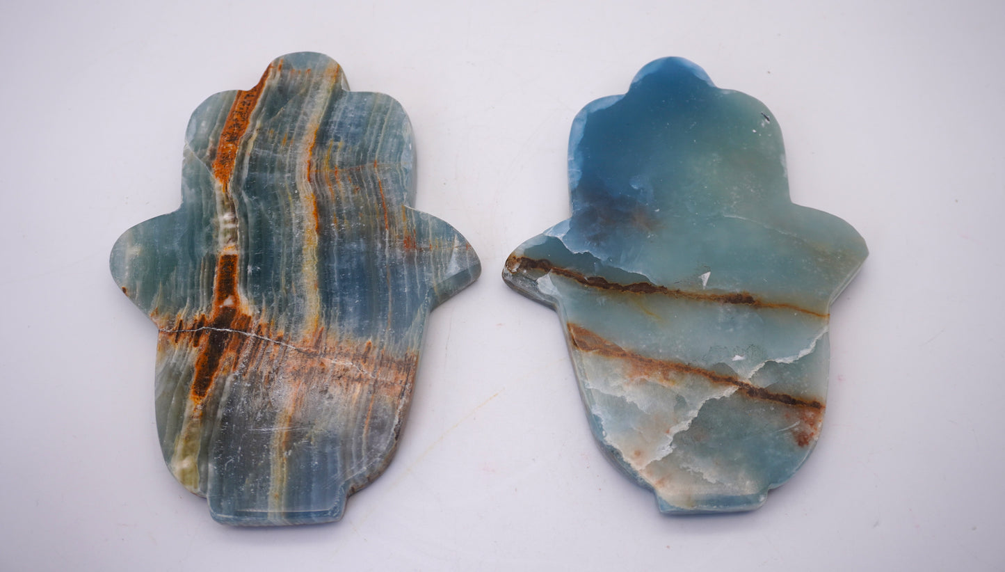 Lemurian Blue Onyx Calcite Hamsa Sigils