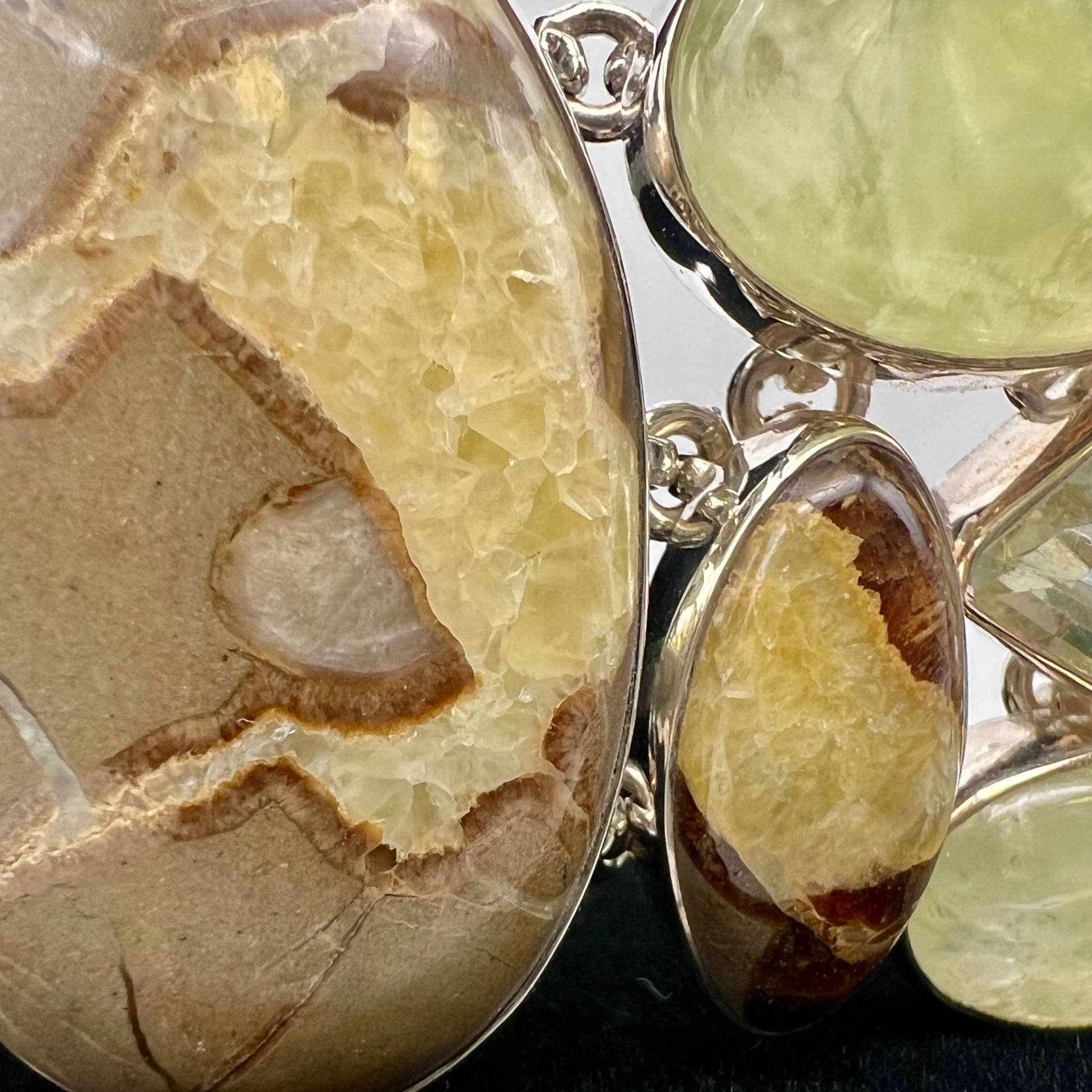 Septarian, Prasiolite, Smokey quartz and Prehnite Sterling silver bracelet