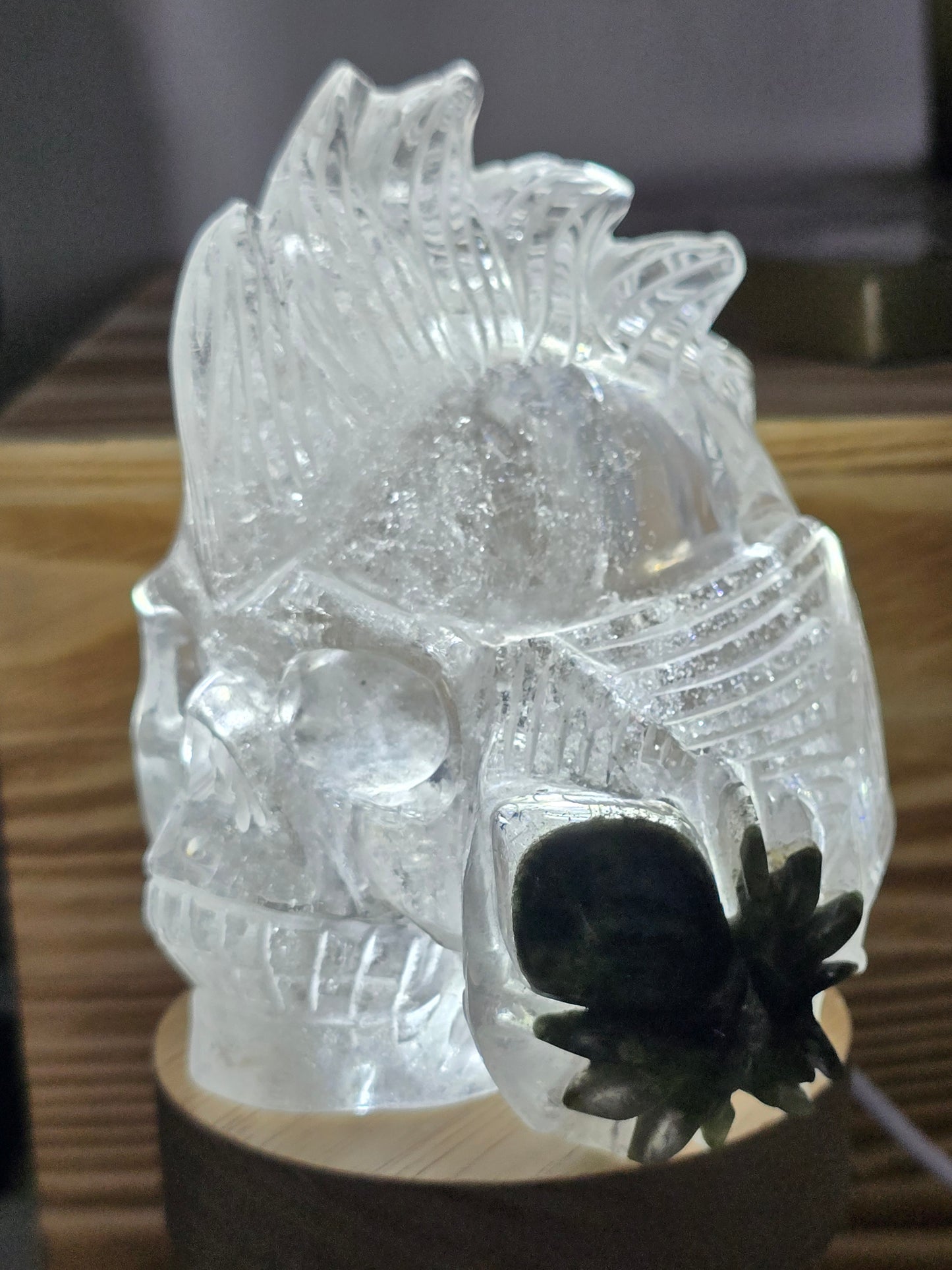 Green Chlorite in Clear Quartz Mohawk skull with Spider art