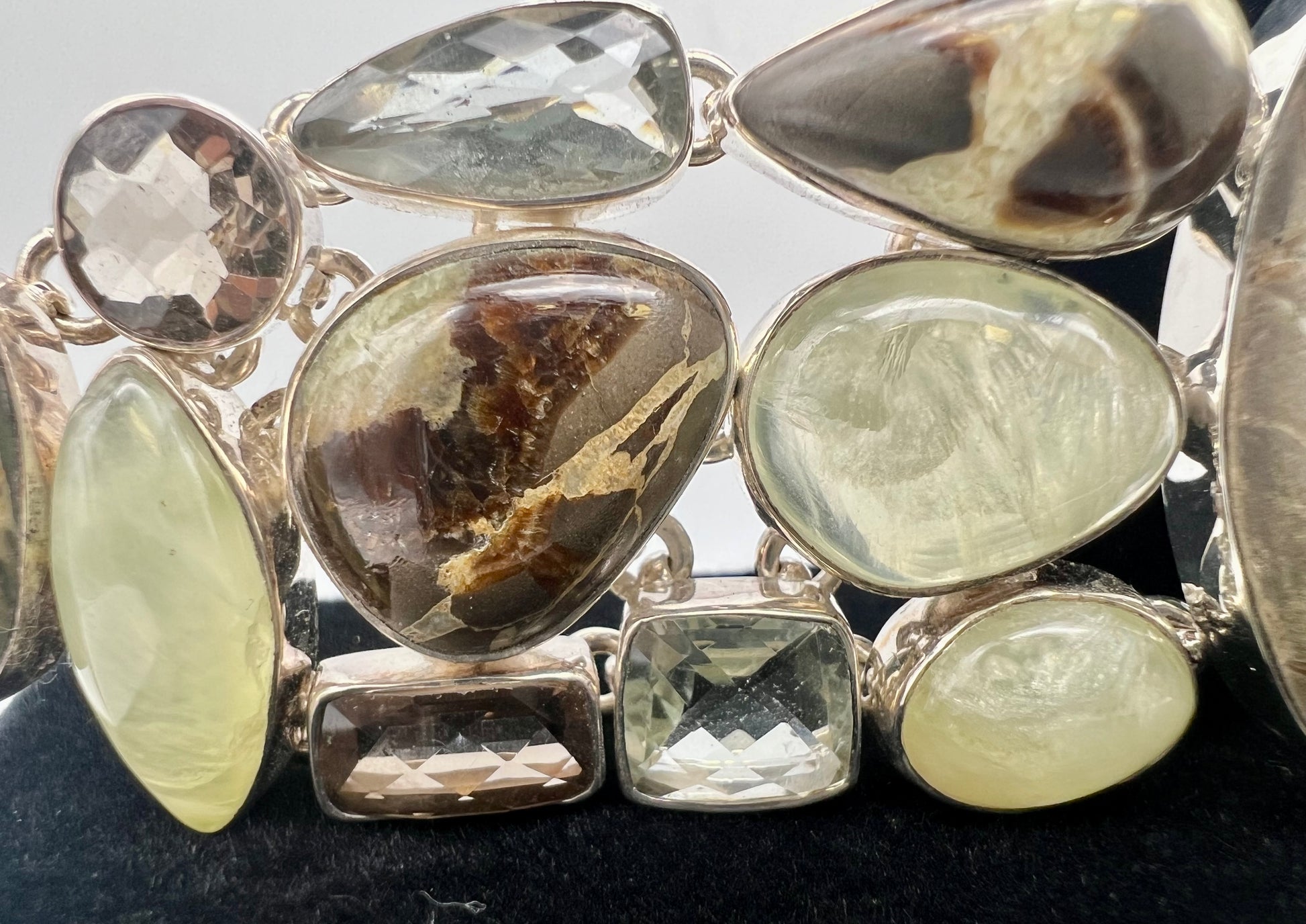 Septarian, Prasiolite, Smokey quartz and Prehnite Sterling silver bracelet