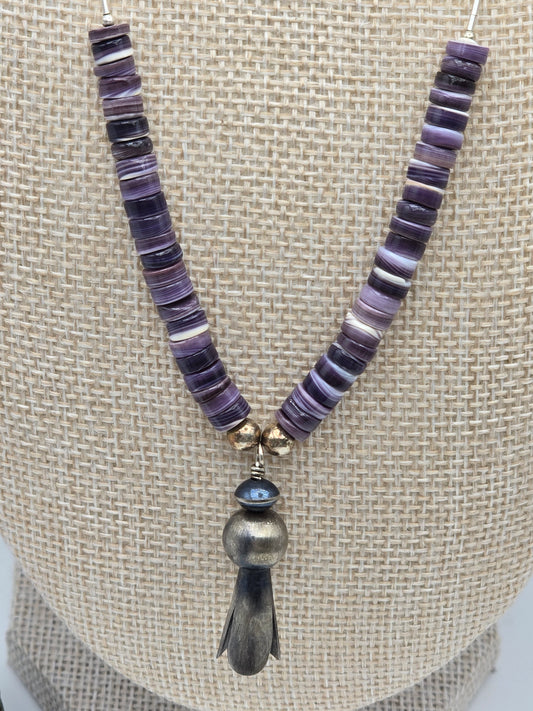 Wampum Shell & Silver Squash blossom Necklace