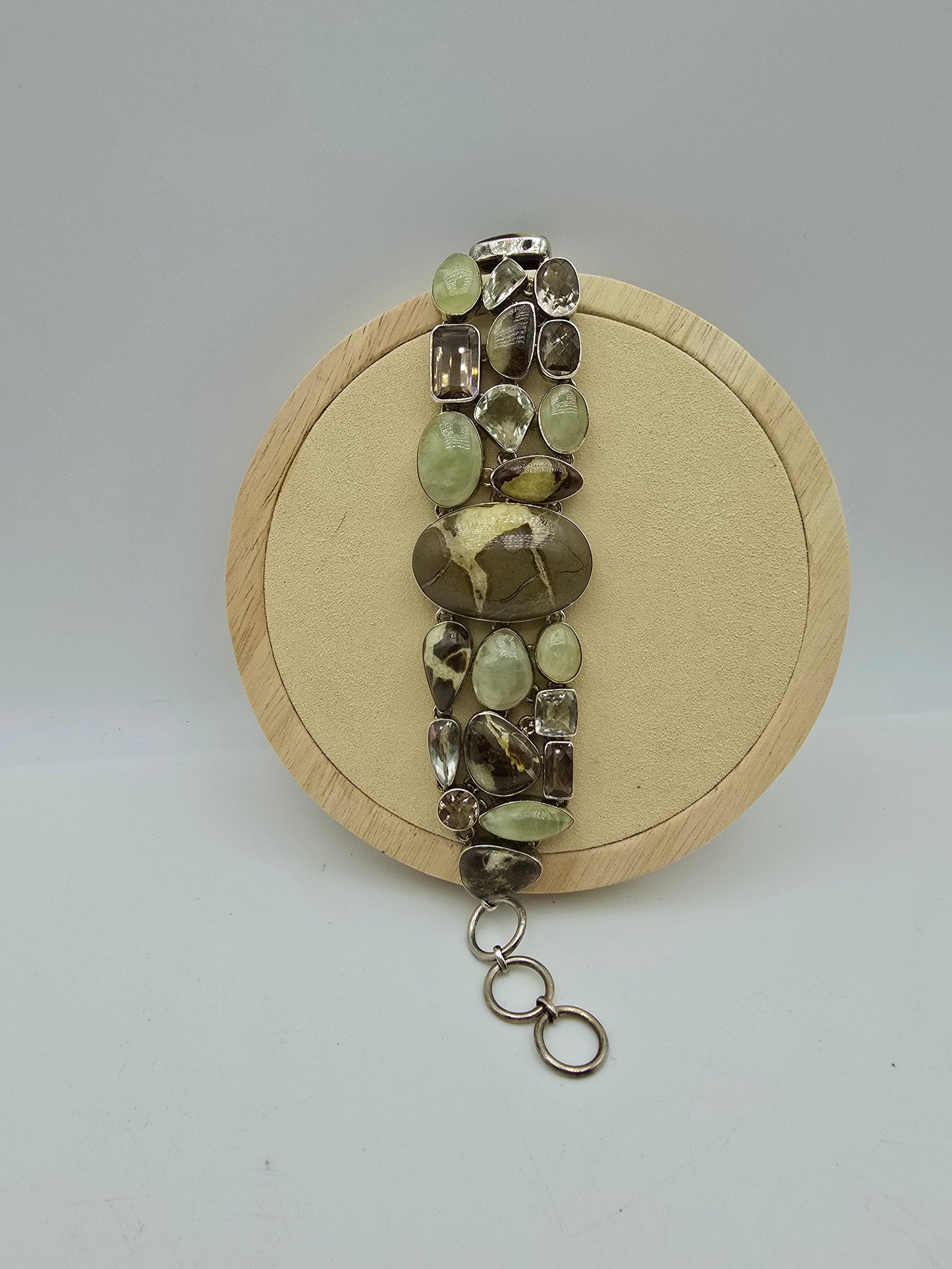 Septarian, Prasiolite, Smokey quartz and Prehnite Sterling silver bracelet