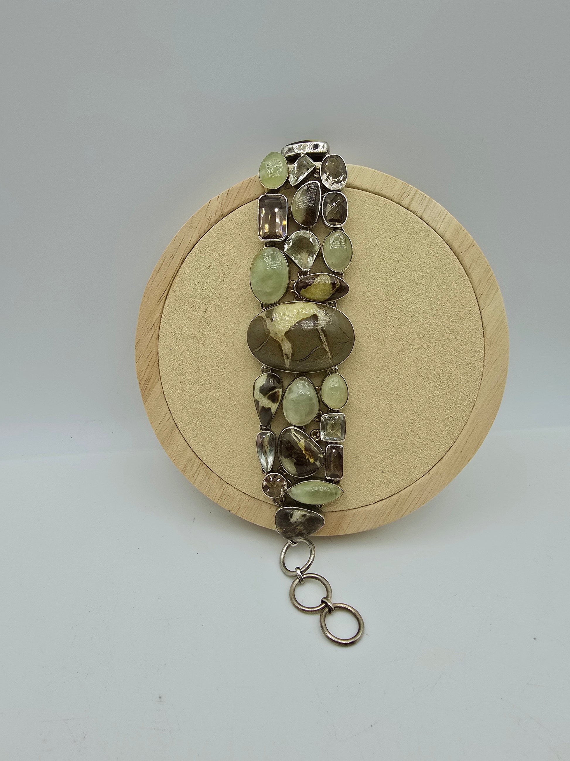 Septarian, Prasiolite, Smokey quartz and Prehnite Sterling silver bracelet