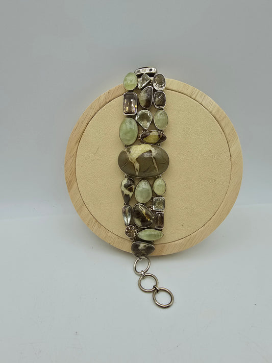 Septarian, Prasiolite, Smokey quartz and Prehnite Sterling silver bracelet