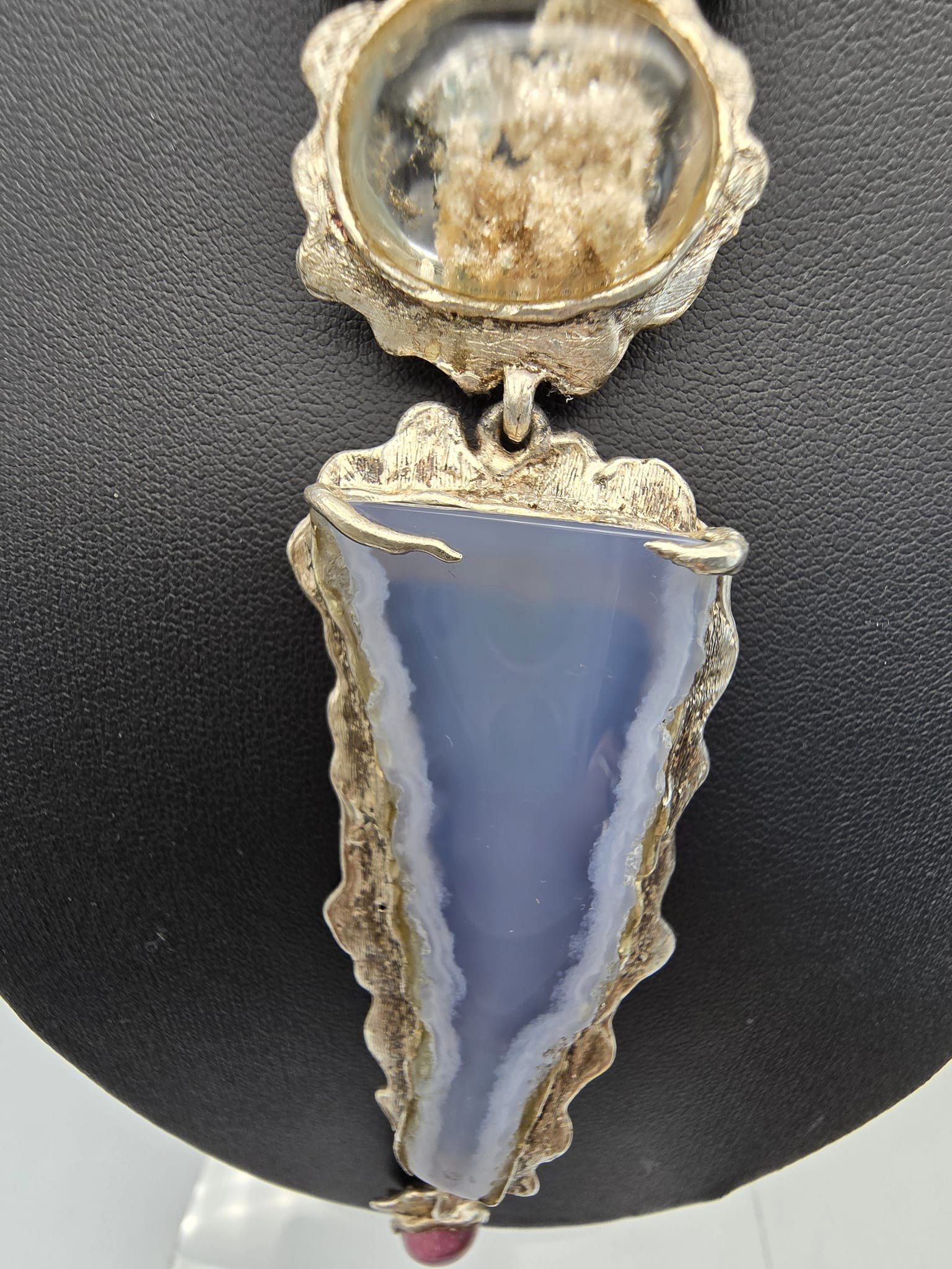 Blue Chalcedony, Ruby, Scenic Quartz Neck Art
