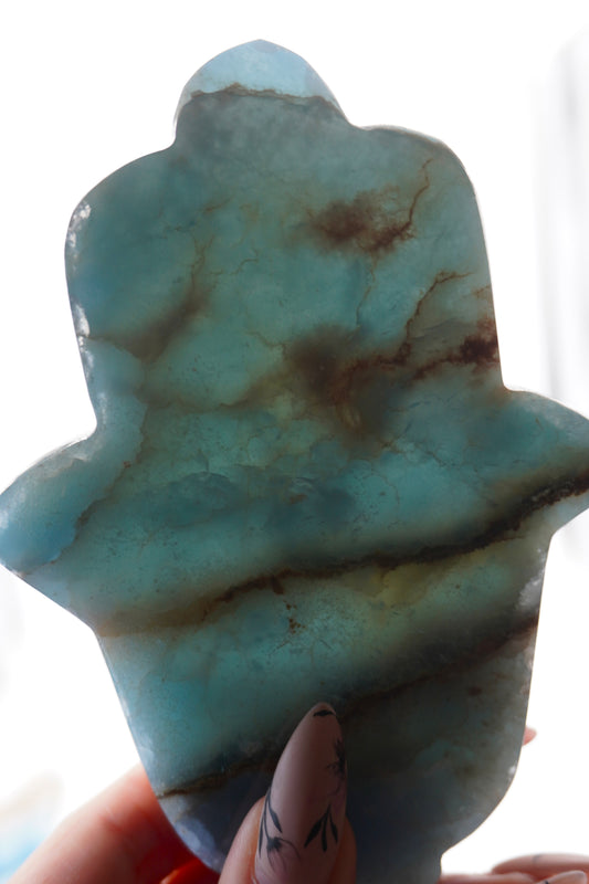 Lemurian Blue Onyx Calcite Hamsa Sigils