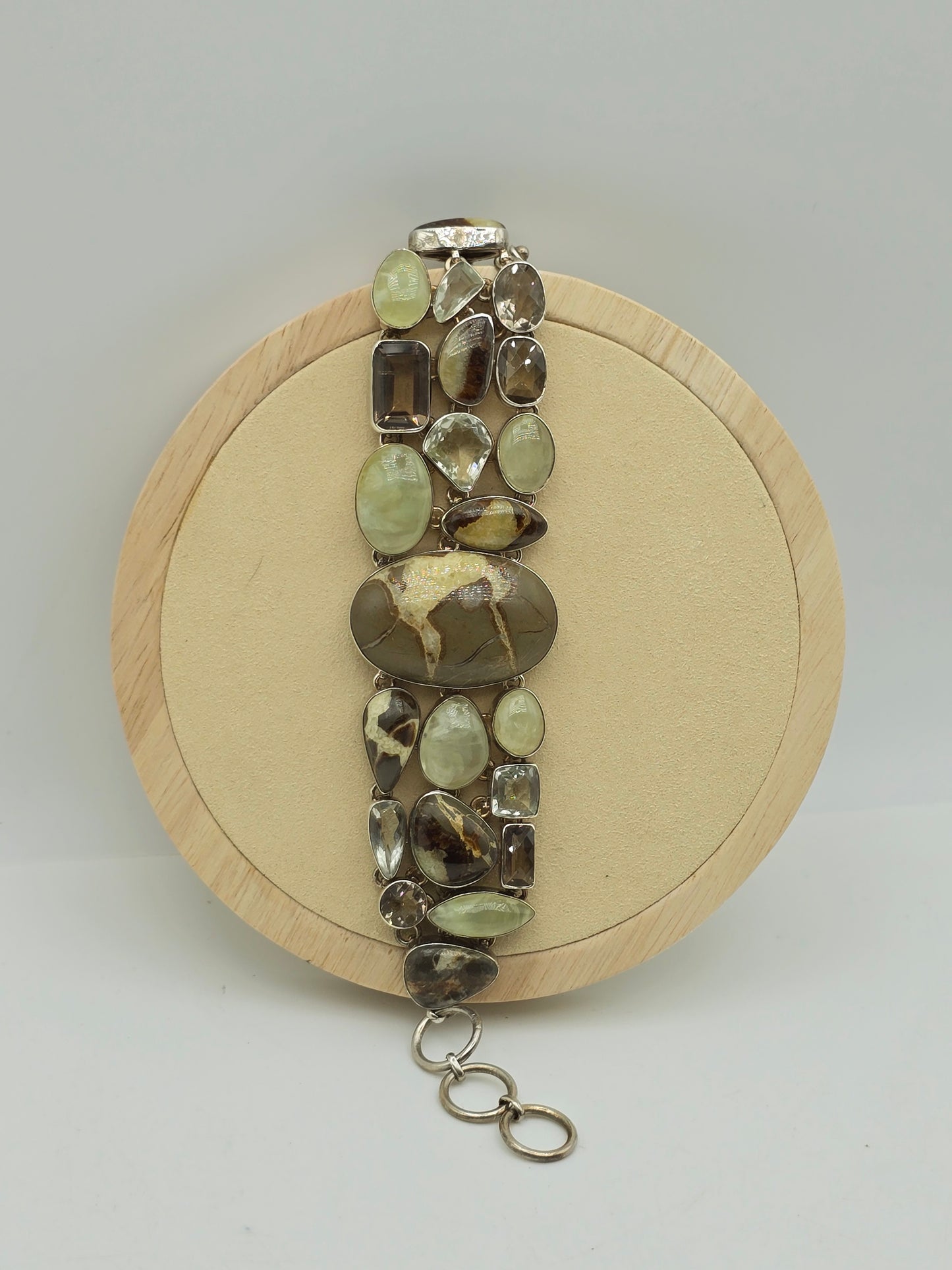 Septarian, Prasiolite, Smokey quartz and Prehnite Sterling silver bracelet