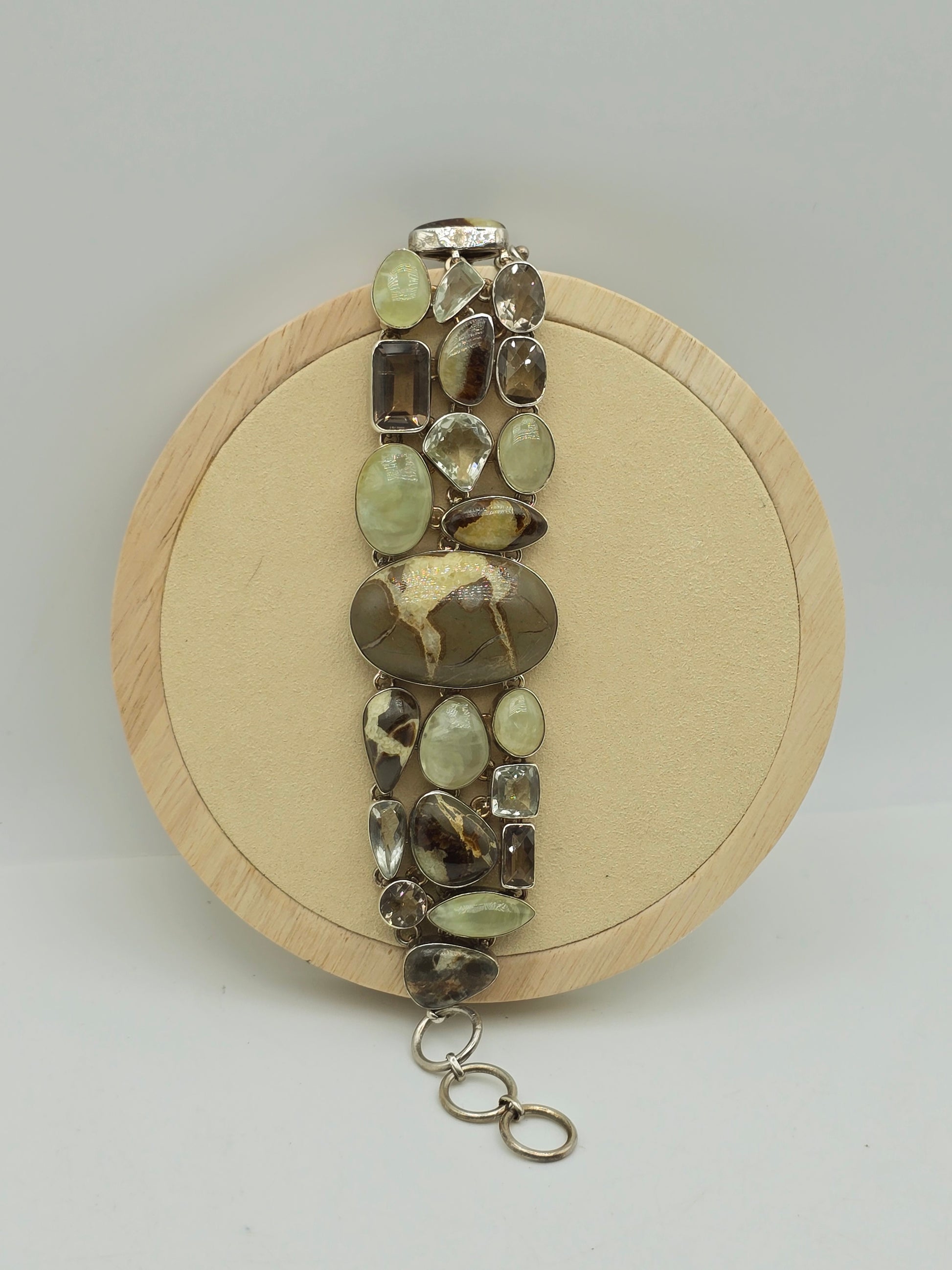 Septarian, Prasiolite, Smokey quartz and Prehnite Sterling silver bracelet