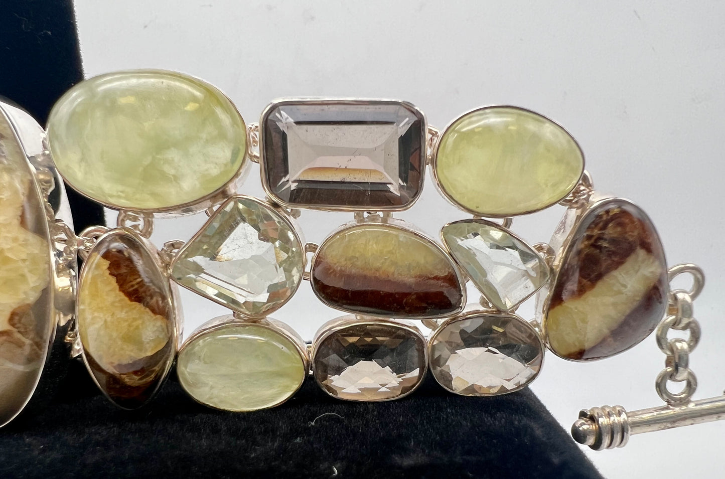 Septarian, Prasiolite, Smokey quartz and Prehnite Sterling silver bracelet