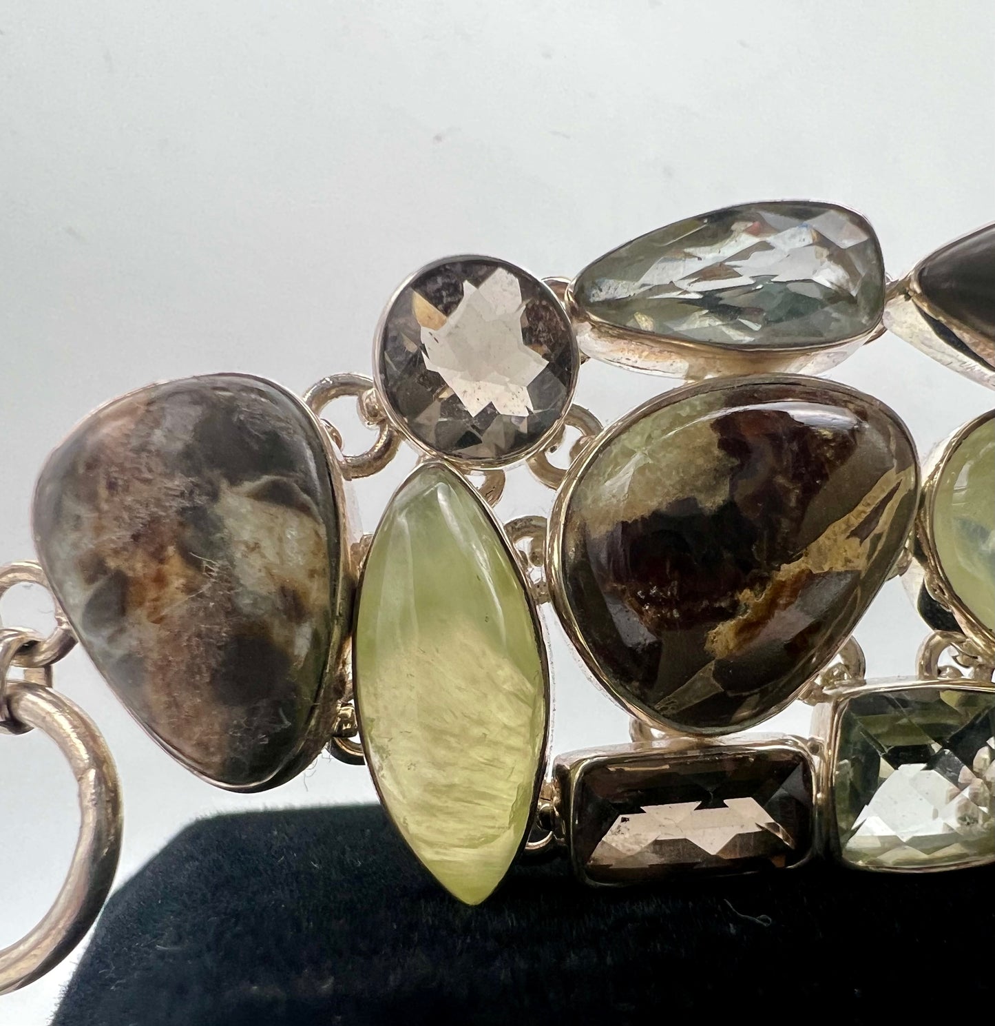 Septarian, Prasiolite, Smokey quartz and Prehnite Sterling silver bracelet