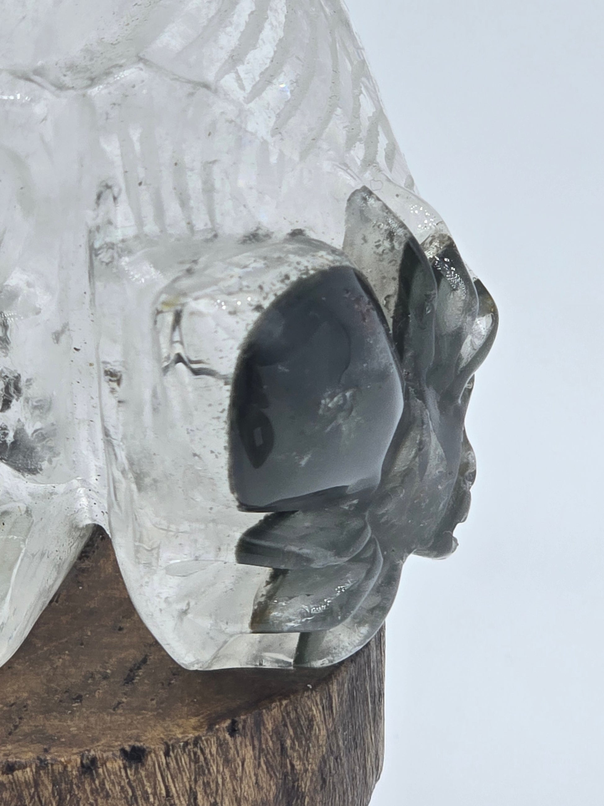 Green Chlorite in Clear Quartz Mohawk skull with Spider art
