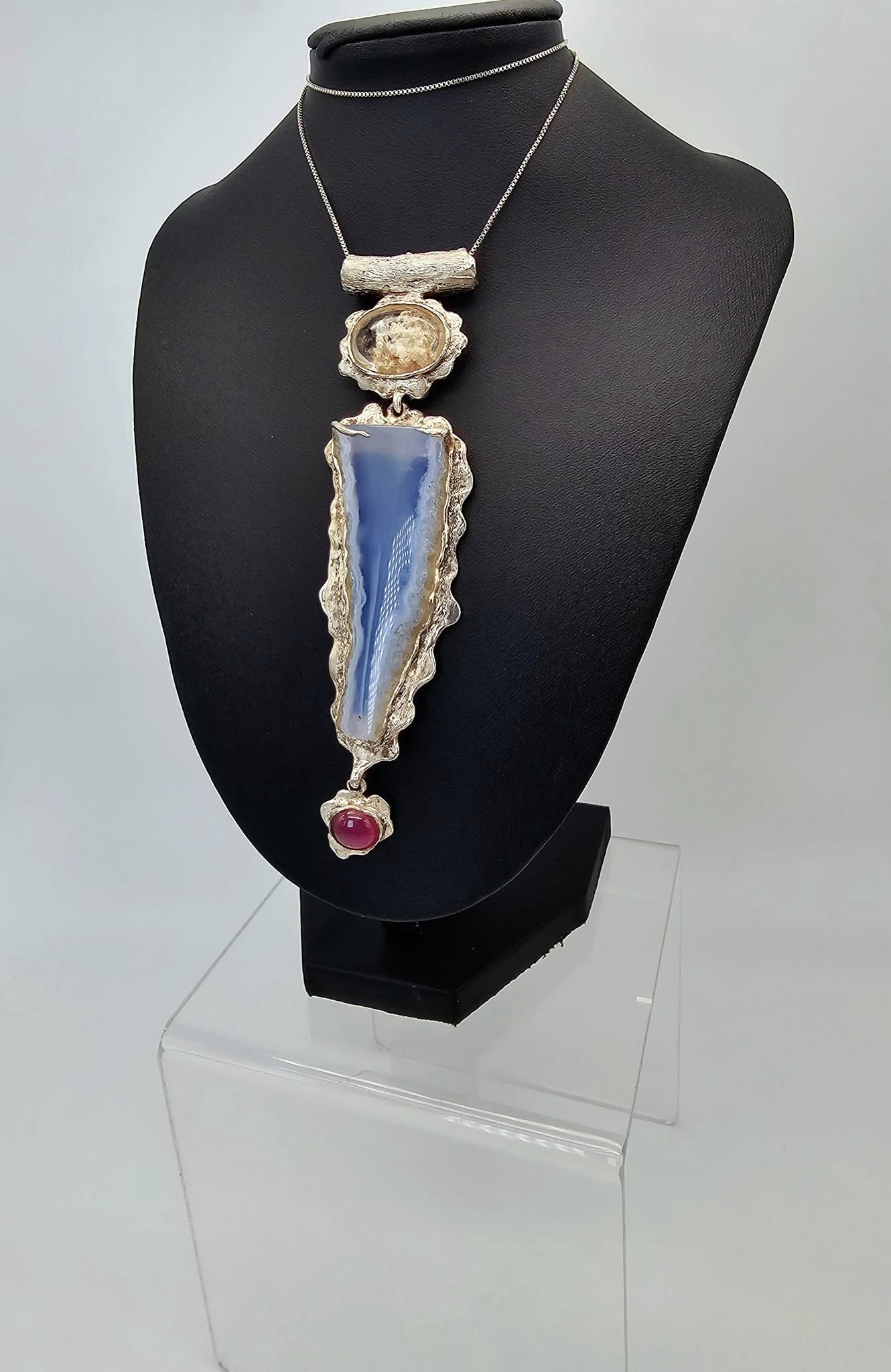 Blue Chalcedony, Ruby, Scenic Quartz Neck Art