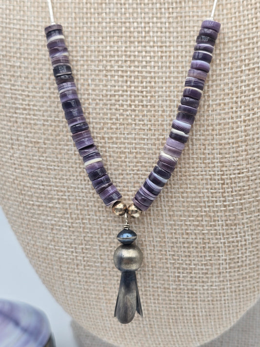 Wampum Shell & Silver Squash blossom Necklace