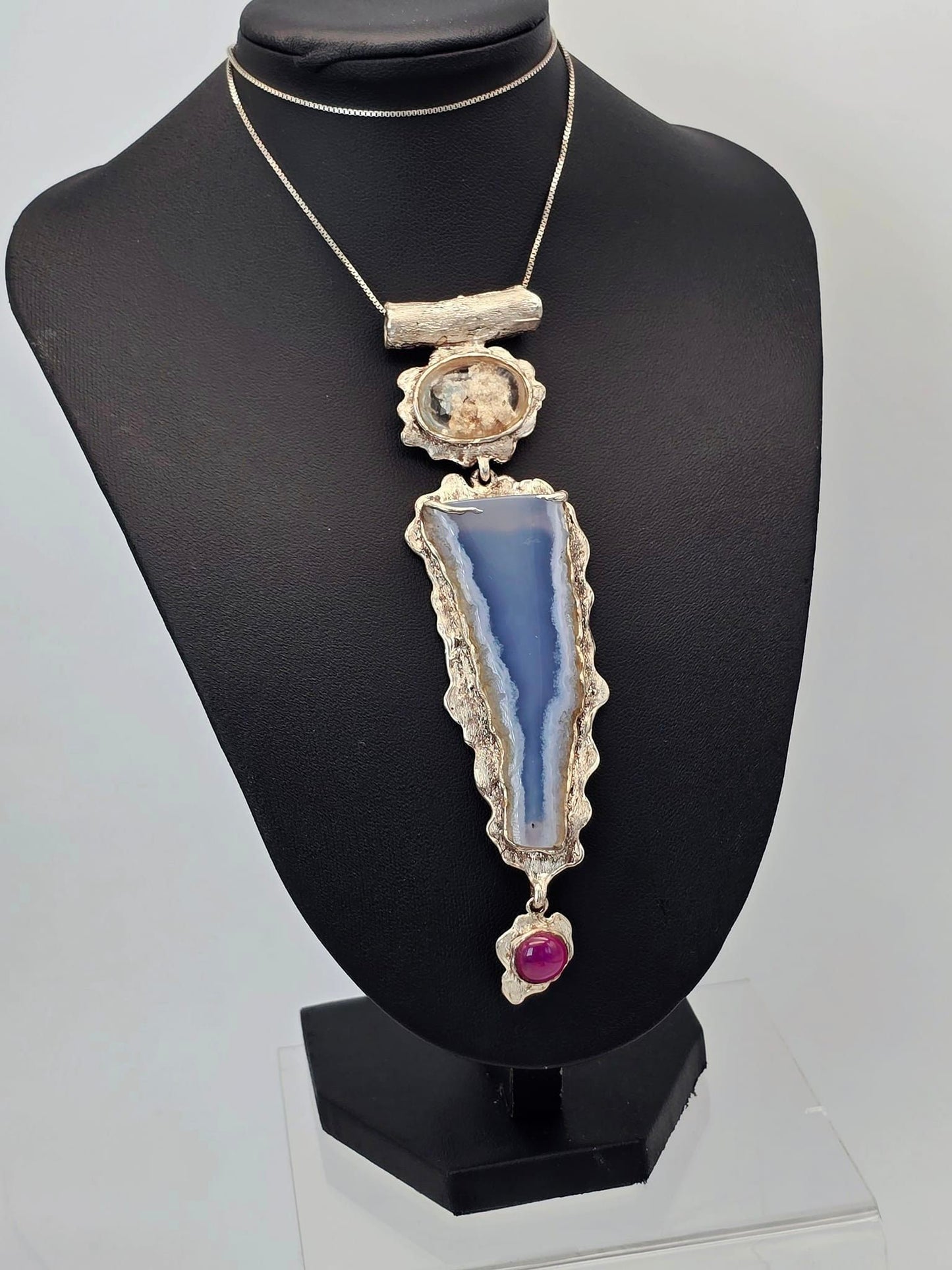 Blue Chalcedony, Ruby, Scenic Quartz Neck Art
