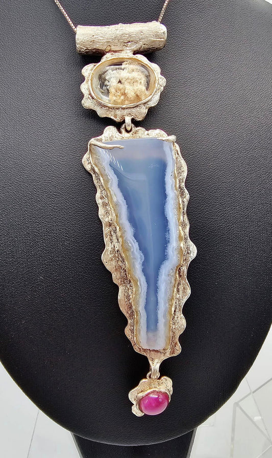 Blue Chalcedony, Ruby, Scenic Quartz Neck Art