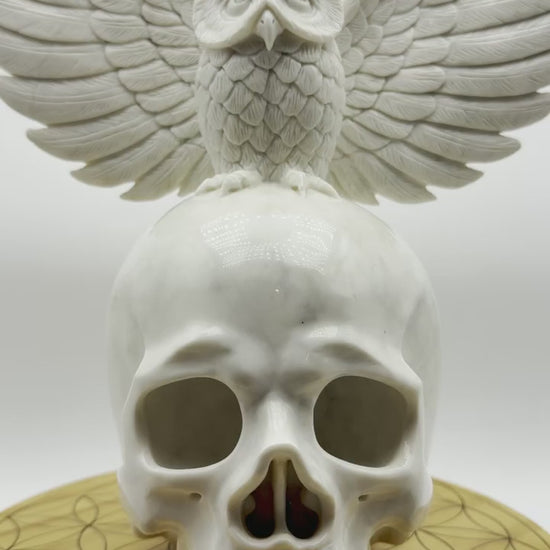 360-degree view of Messenger of Death white jade skull and owl carving showing detailed wings, skull profile and natural gray stone veining