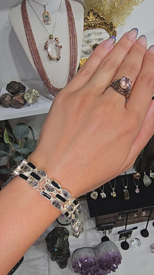 Black Tourmaline & Herkimer Quartz Bracelet – Sterling Silver