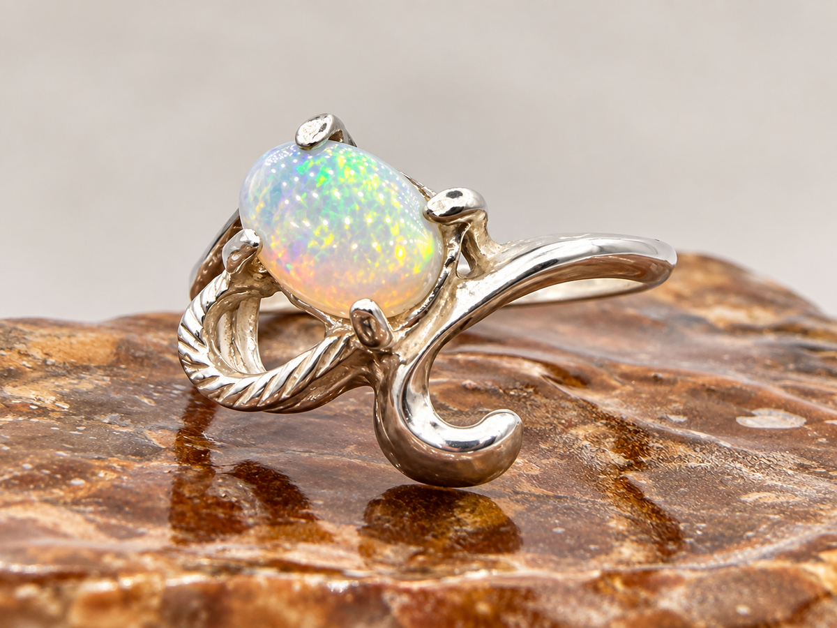 : Sculptural oval opal sterling silver ring size 5.5 with scrollwork setting