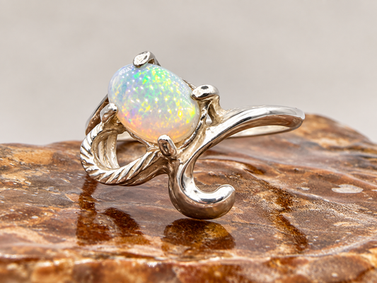 : Sculptural oval opal sterling silver ring size 5.5 with scrollwork setting