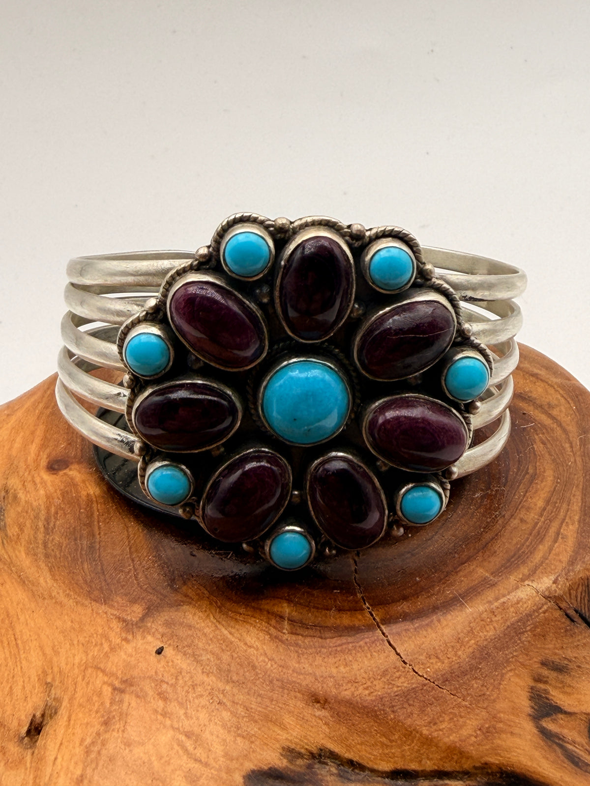 Spiny Oyster and turquoise stainless steel cluster cuff bracelet with purple shell stones and multi-band Southwestern design