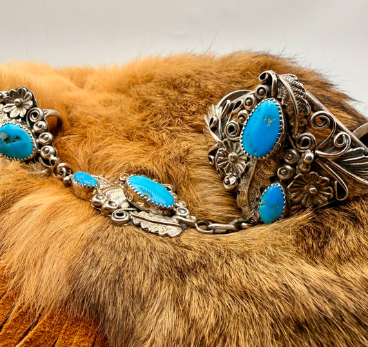 Harry B. Yazzie Sleeping Beauty turquoise stainless steel hand bracelet with ornate cuff, articulated links and size 8.5 ring