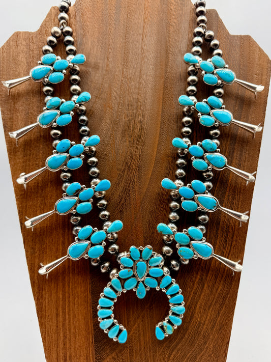 Sleeping Beauty Turquoise Sterling Silver Squash Blossom Necklace